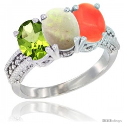 10K White Gold Natural Peridot, Opal & Coral Ring 3-Stone Oval 7x5 mm Diamond Accent