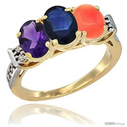 10K Yellow Gold Natural Amethyst, Blue Sapphire & Coral Ring 3-Stone Oval 7x5 mm Diamond Accent