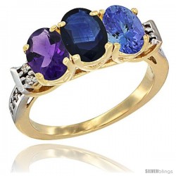 10K Yellow Gold Natural Amethyst, Blue Sapphire & Tanzanite Ring 3-Stone Oval 7x5 mm Diamond Accent