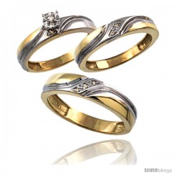 Gold Plated Sterling Silver Diamond Trio Wedding Ring Set His 5mm & Hers 4mm 0.062 cttw Ladies 5-10 Men 8 to 14