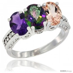 14K White Gold Natural Amethyst, Mystic Topaz & Morganite Ring 3-Stone 7x5 mm Oval Diamond Accent