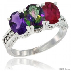 14K White Gold Natural Amethyst, Mystic Topaz & Ruby Ring 3-Stone 7x5 mm Oval Diamond Accent