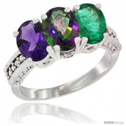 14K White Gold Natural Amethyst, Mystic Topaz & Emerald Ring 3-Stone 7x5 mm Oval Diamond Accent