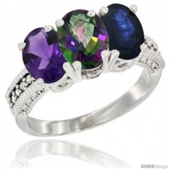 14K White Gold Natural Amethyst, Mystic Topaz & Blue Sapphire Ring 3-Stone 7x5 mm Oval Diamond Accent