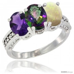 14K White Gold Natural Amethyst, Mystic Topaz & Opal Ring 3-Stone 7x5 mm Oval Diamond Accent