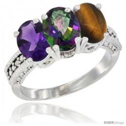 14K White Gold Natural Amethyst, Mystic Topaz & Tiger Eye Ring 3-Stone 7x5 mm Oval Diamond Accent