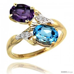 14k Gold ( 8x6 mm ) Double Stone Engagement Amethyst & Swiss Blue Topaz Ring w/ 0.04 Carat Brilliant Cut Diamonds & 2.34 Carats