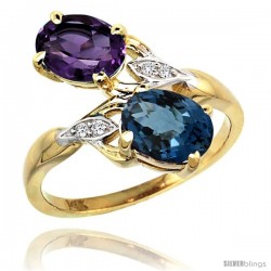 14k Gold ( 8x6 mm ) Double Stone Engagement Amethyst & London Blue Topaz Ring w/ 0.04 Carat Brilliant Cut Diamonds & 2.34