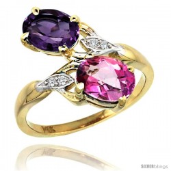 14k Gold ( 8x6 mm ) Double Stone Engagement Amethyst & Pink Topaz Ring w/ 0.04 Carat Brilliant Cut Diamonds & 2.34 Carats Oval