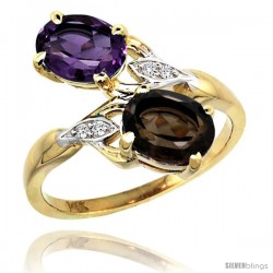 14k Gold ( 8x6 mm ) Double Stone Engagement Amethyst & Smoky Topaz Ring w/ 0.04 Carat Brilliant Cut Diamonds & 2.34 Carats Oval