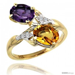 14k Gold ( 8x6 mm ) Double Stone Engagement Amethyst & Citrine Ring w/ 0.04 Carat Brilliant Cut Diamonds & 2.34 Carats Oval Cut