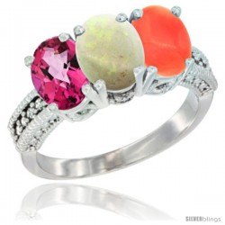 10K White Gold Natural Pink Topaz, Opal & Coral Ring 3-Stone Oval 7x5 mm Diamond Accent