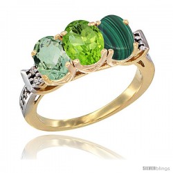 10K Yellow Gold Natural Green Amethyst, Peridot & Malachite Ring 3-Stone Oval 7x5 mm Diamond Accent