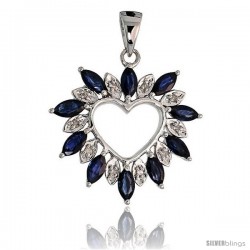 14k White Gold 15/16" (24mm) tall Diamond Heart Pendant, w/ 1.25 Total Carat Weight Marquise Cut Blue Sapphire Stones