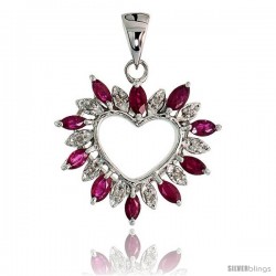 14k White Gold 15/16" (24mm) tall Diamond Heart Pendant, w/ 1.25 Total Carat Weight Marquise Cut Ruby Stones & Brilliant Cut