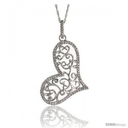 14k White Gold 18" Chain & 1 3/8" (36mm) tall Filigree Heart Diamond Pendant, w/ 0.22 Carat Brilliant Cut Diamonds