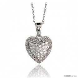 14k White Gold 18" Chain & 7/16" (12mm) tall Hammered Finish Diamond Heart Pendant, w/ 0.10 Carat Brilliant Cut Diamonds