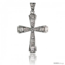 14k White Gold 1 1/2" (39mm) tall Diamond Cross Pendant, w/ 1.10 Carats Baguette & Brilliant Cut Diamonds