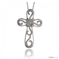 14k White Gold 18" Chain & 1 3/16" (30mm) tall Diamond Cross w/ Flower & Swirls Pendant Slide, w/ 0.27 Carat Brilliant Cut