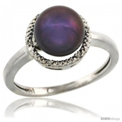 14k White Gold Halo Engagement 8.5 mm Black Pearl Ring w/ 0.022 Carat Brilliant Cut Diamonds, 7/16 in. (11mm) wide