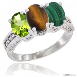 10K White Gold Natural Peridot, Tiger Eye & Malachite Ring 3-Stone Oval 7x5 mm Diamond Accent