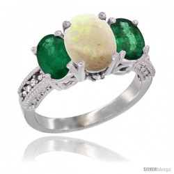 10K White Gold Ladies Natural Opal Oval 3 Stone Ring with Emerald Sides Diamond Accent