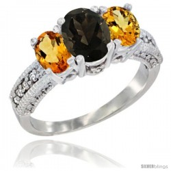 14k White Gold Ladies Oval Natural Smoky Topaz 3-Stone Ring with Citrine Sides Diamond Accent