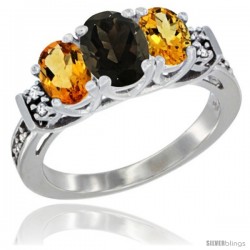 14K White Gold Natural Smoky Topaz & Citrine Ring 3-Stone Oval with Diamond Accent