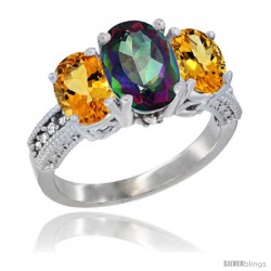 14K White Gold Ladies 3-Stone Oval Natural Mystic Topaz Ring with Citrine Sides Diamond Accent