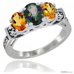 14K White Gold Natural Mystic Topaz & Citrine Ring 3-Stone Oval with Diamond Accent