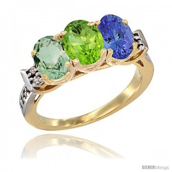 10K Yellow Gold Natural Green Amethyst, Peridot & Tanzanite Ring 3-Stone Oval 7x5 mm Diamond Accent