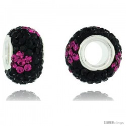 Sterling Silver Crystal Bead Charm Black, Fuchsia Flower Color w/ Swarovski Elements, 13 mm