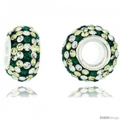 Sterling Silver Crystal Bead Charm Emerald & White Polka dot Color w/ Swarovski Elements, 13 mm