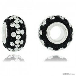 Sterling Silver Crystal Bead Charm Black, White Color w/ Swarovski Elements, 13 mm