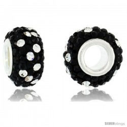 Sterling Silver Crystal Bead Charm Black Polka dot White Color w/ Swarovski Elements, 13 mm