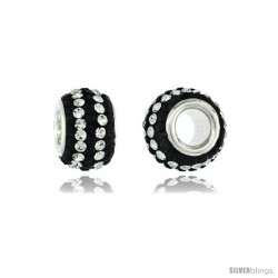 Sterling Silver Crystal Bead Charm Black & 2 Lines Of White Color w/ Swarovski Elements, 11 mm