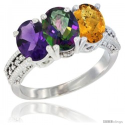 14K White Gold Natural Amethyst, Mystic Topaz & Whisky Quartz Ring 3-Stone 7x5 mm Oval Diamond Accent