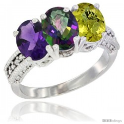 14K White Gold Natural Amethyst, Mystic Topaz & Lemon Quartz Ring 3-Stone 7x5 mm Oval Diamond Accent