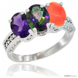 14K White Gold Natural Amethyst, Mystic Topaz & Coral Ring 3-Stone 7x5 mm Oval Diamond Accent