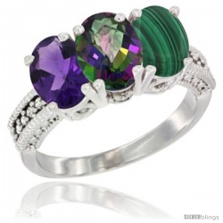 14K White Gold Natural Amethyst, Mystic Topaz & Malachite Ring 3-Stone 7x5 mm Oval Diamond Accent