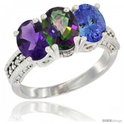 14K White Gold Natural Amethyst, Mystic Topaz & Tanzanite Ring 3-Stone 7x5 mm Oval Diamond Accent