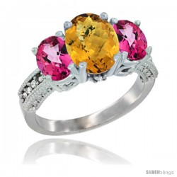 10K White Gold Ladies Natural Whisky Quartz Oval 3 Stone Ring with Pink Topaz Sides Diamond Accent