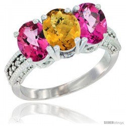 10K White Gold Natural Whisky Quartz & Pink Topaz Sides Ring 3-Stone Oval 7x5 mm Diamond Accent