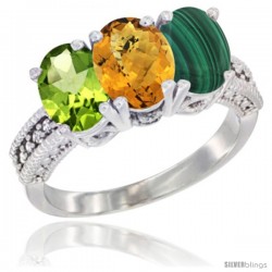 10K White Gold Natural Peridot, Whisky Quartz & Malachite Ring 3-Stone Oval 7x5 mm Diamond Accent