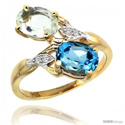 14k Gold ( 8x6 mm ) Double Stone Engagement Green Amethyst & Swiss Blue Topaz Ring w/ 0.04 Carat Brilliant Cut Diamonds & 2.34