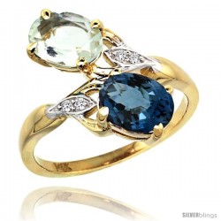 14k Gold ( 8x6 mm ) Double Stone Engagement Green Amethyst & London Blue Topaz Ring w/ 0.04 Carat Brilliant Cut Diamonds & 2.34