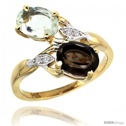 14k Gold ( 8x6 mm ) Double Stone Engagement Green Amethyst & Smoky Topaz Ring w/ 0.04 Carat Brilliant Cut Diamonds & 2.34