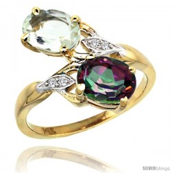 14k Gold ( 8x6 mm ) Double Stone Engagement Green Amethyst & Mystic Topaz Ring w/ 0.04 Carat Brilliant Cut Diamonds & 2.34