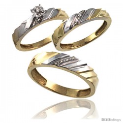 Gold Plated Sterling Silver Diamond Trio Wedding Ring Set His 5mm & Hers 4mm 0.075 cttw Ladies 5-10 Men 8 to 14