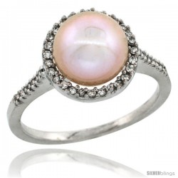14k White Gold Halo Engagement 8.5 mm Pink Pearl Ring w/ 0.146 Carat Brilliant Cut Diamonds, 7/16 in. (11mm) wide
